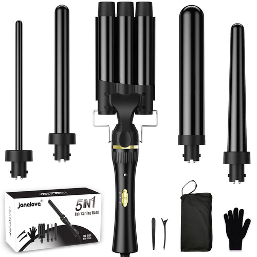 5 in 1 Wand Curling Iron janelove Hair Curling Wand Set with 3 Barrel Hair Crimper and 4 Interchangeable Ceramic Curling Irons (0.39 "-1.25") 2 Temps Fast Heat Hair Waver Curler for All Hair Type